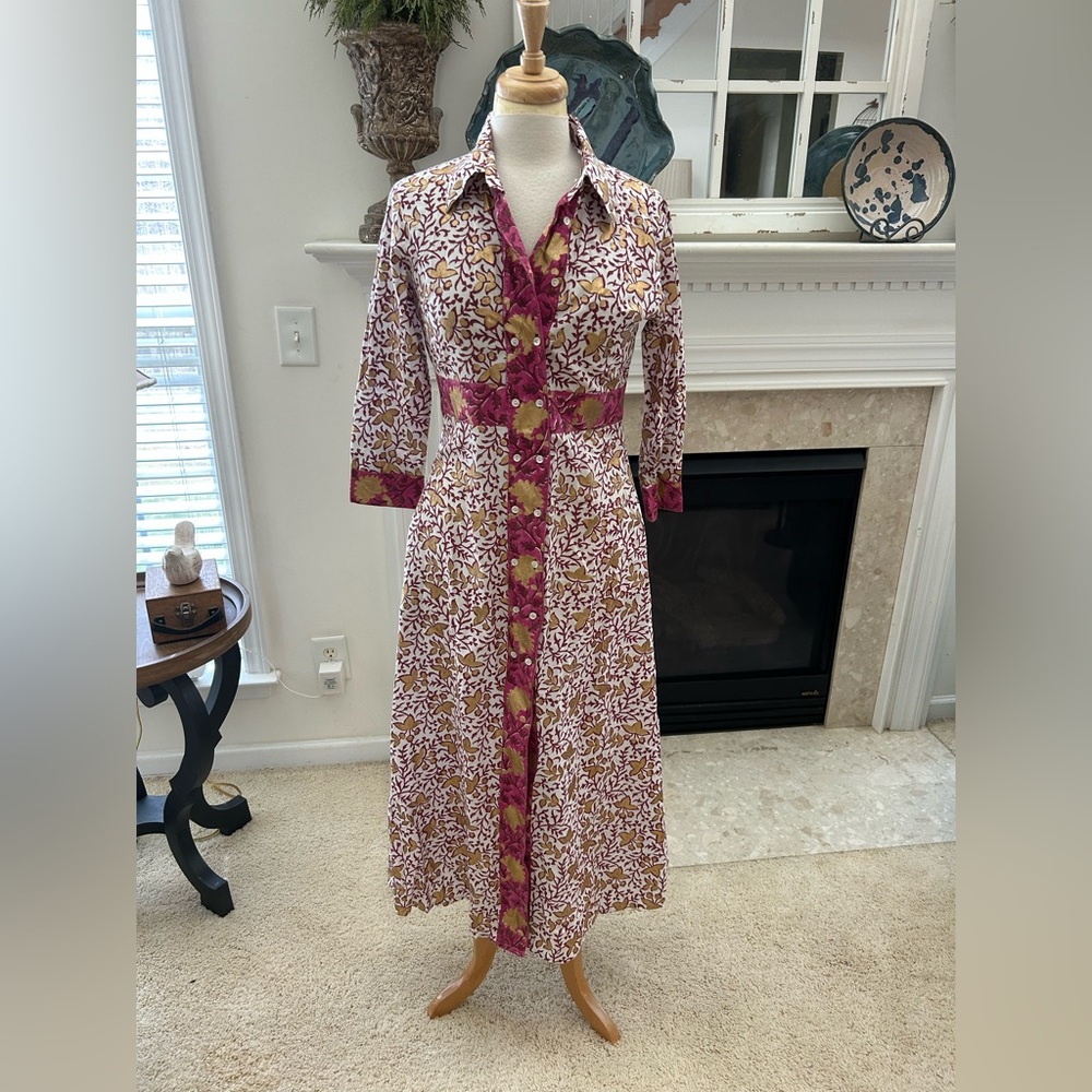 Oliphant Maxi In Marchesa Wine, Gold Foil Cotton Shirt Dress - Picture 3 of 14